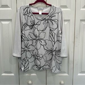 Alfred Dunner Black Floral on White Long Sleeve Top